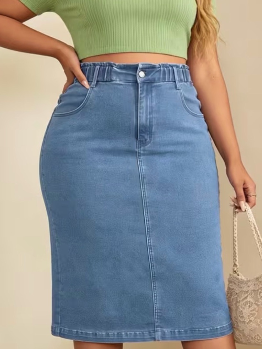 High-Waist Light Blue Denim Pencil Skirt